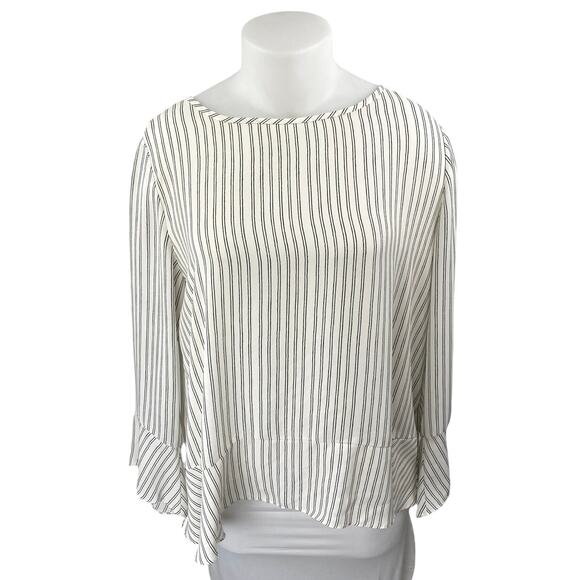 Ann Taylor LOFT White Striped Asymmetric Ruffle Long Sleeve Blouse Top Size XL - Picture 1 of 4